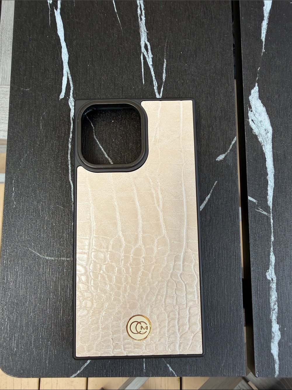 14/15 Pro Max CCM Beige Croc-Embossed Phone Case with Gold Logo Accent